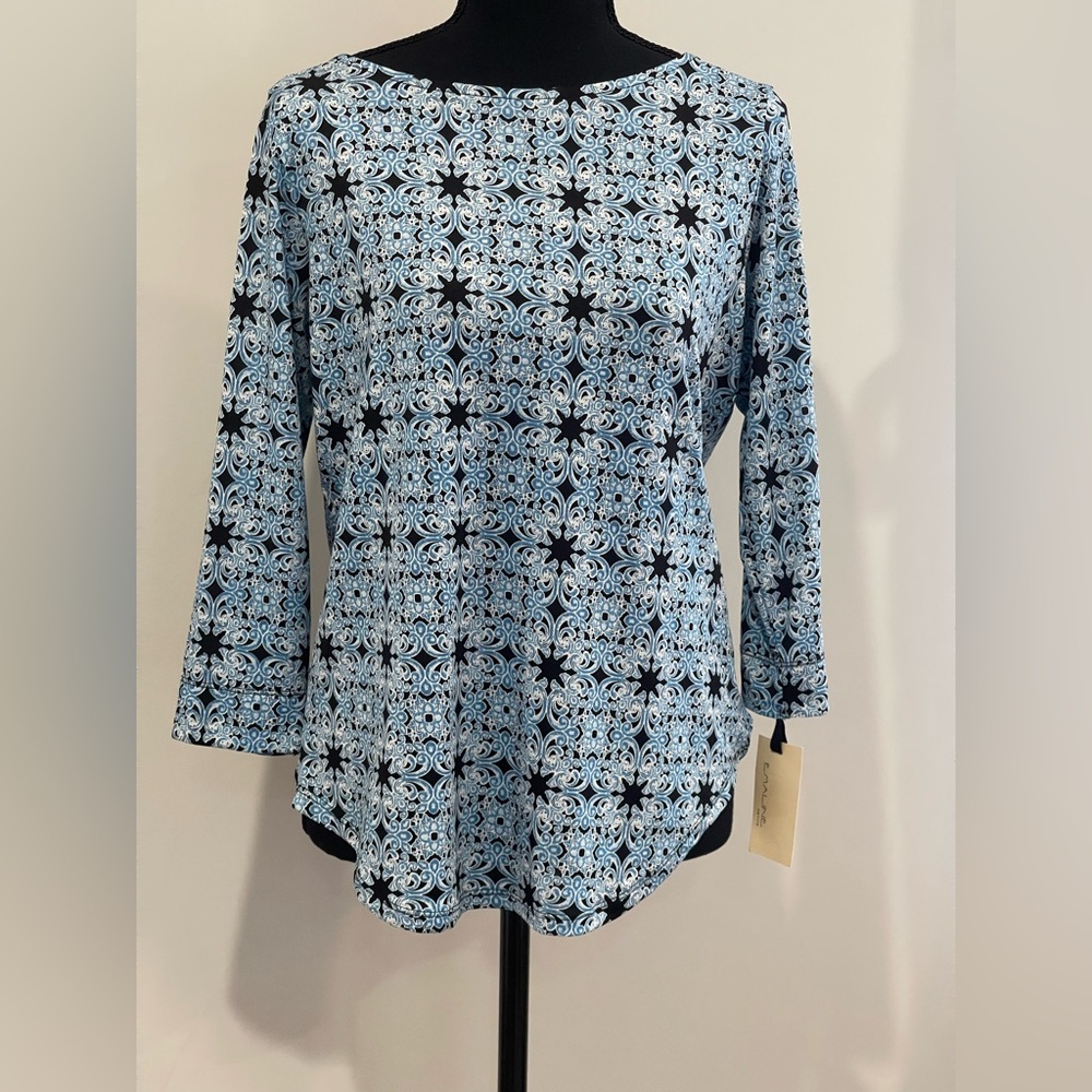 New Emaline PM Blue and Black Patterned Women's‎ Top w Stretch 652
